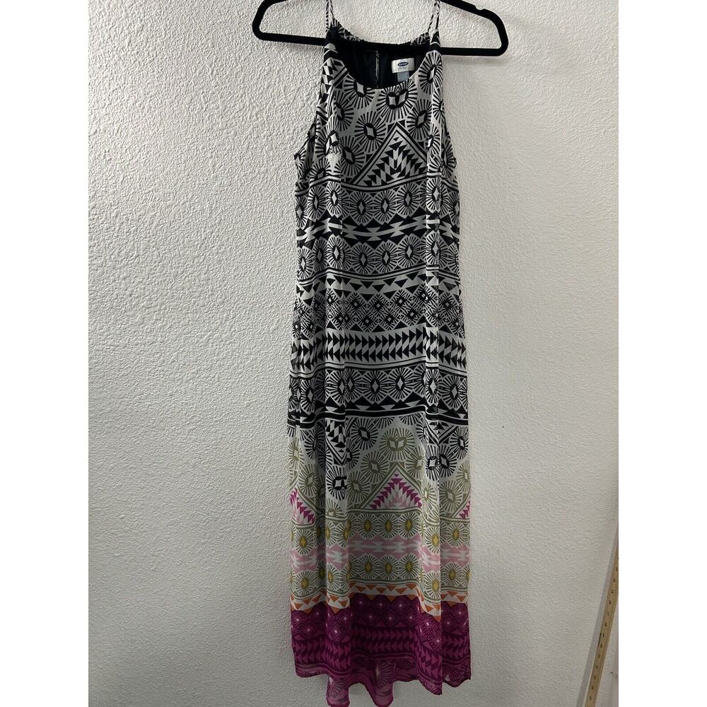 Geometric Maxi Dress Sleeveless Keyhole Back Size M Sheer Lined Aztec Colorful
